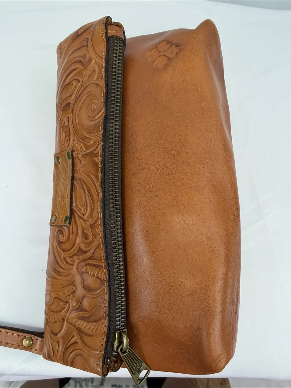 Patricia Nash Valerie Cognac Tooled Leather Foldover Wristlet Clutch Bag